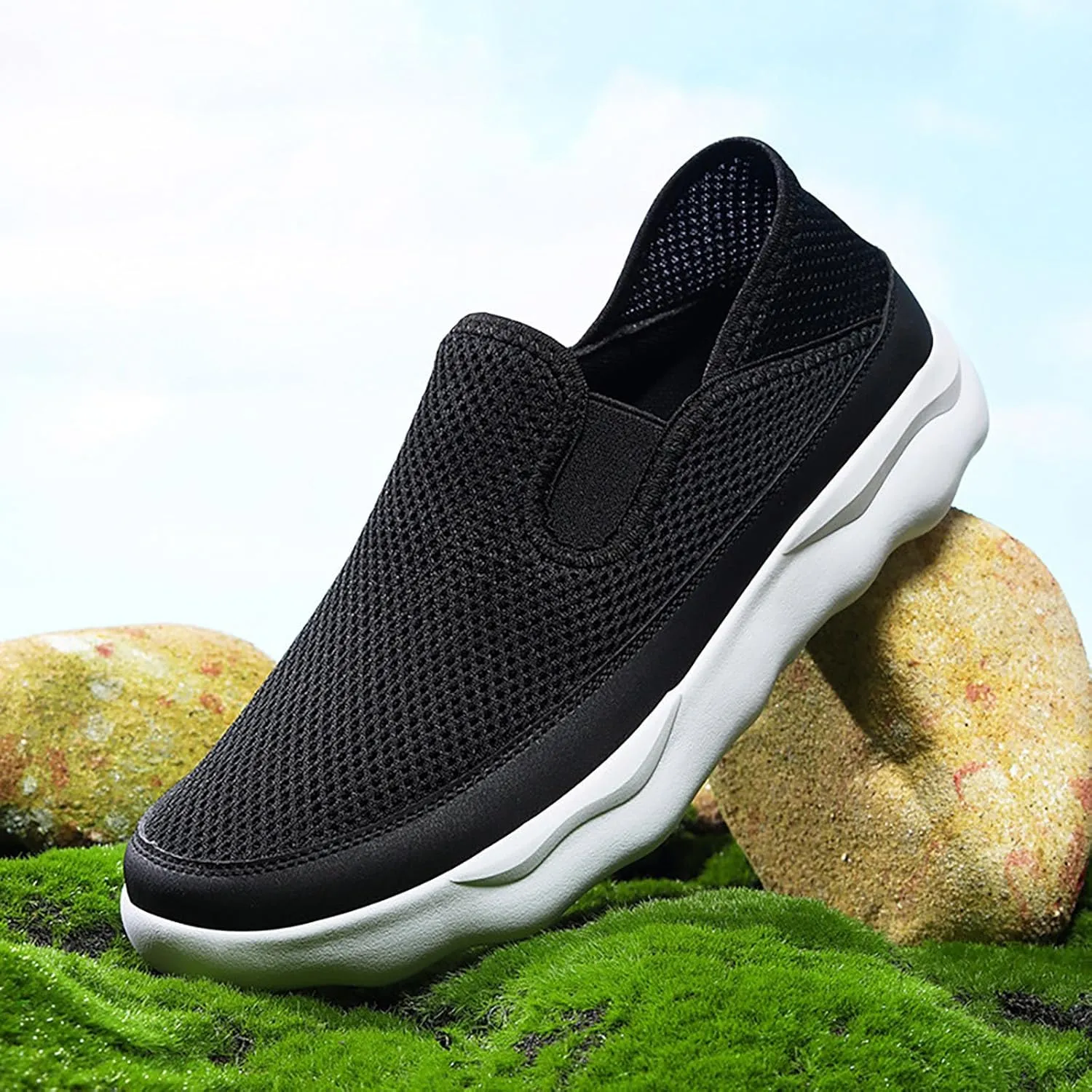 Arch Support Non Slip Minimalist Shoes for Men Breathable Elastic Fly Woven Mesh Sneaker Versatile Elderly Shoes