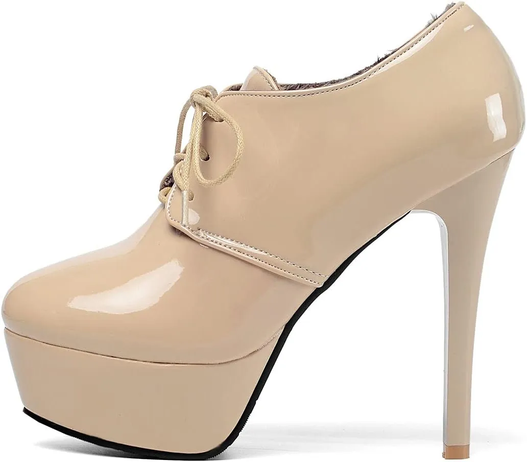 BEAUPAS Women's Patent Stiletto High Heels Lace Up Platform Pumps Oxford Booties Shoes