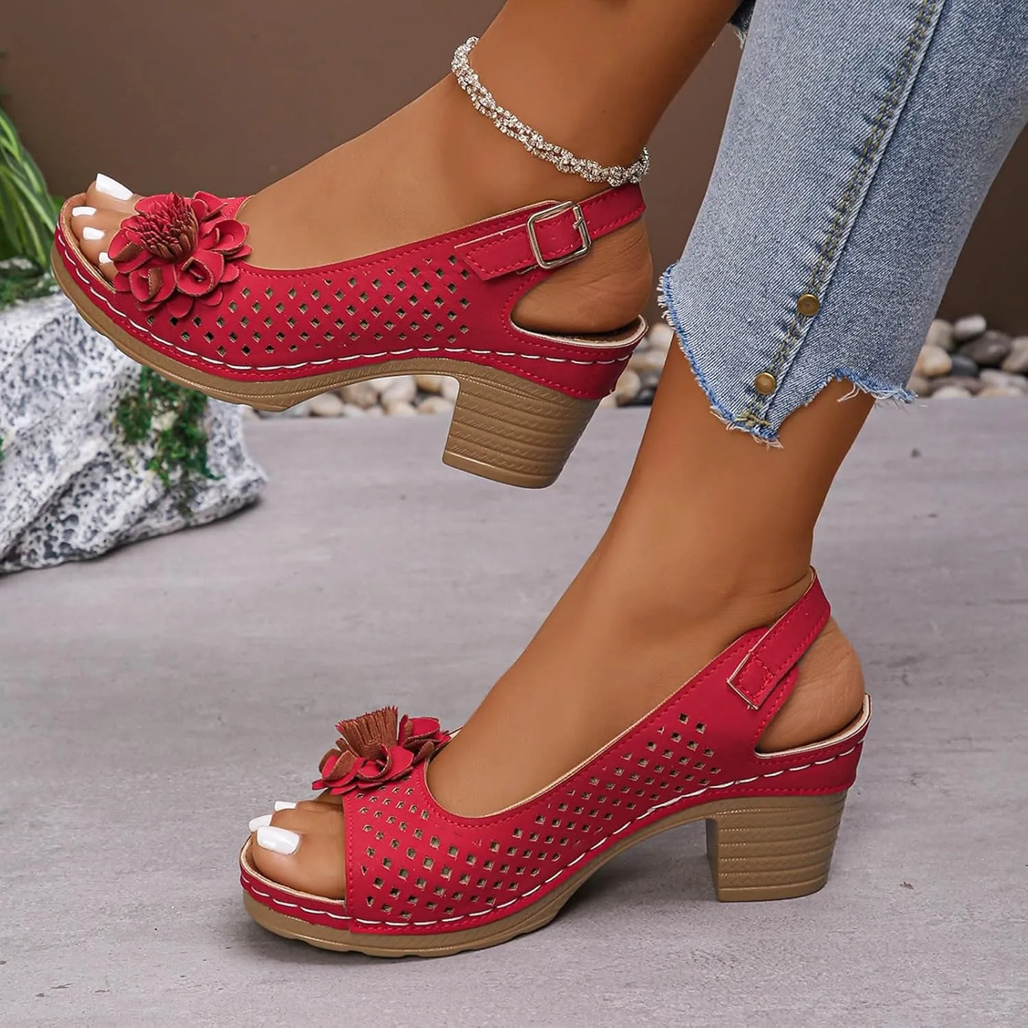 Block Heel Sandals for Women 2025 Comfort Dressy Women's Fish Mouth Flowers Comfortable Hollow Out Slingback Sandals Chunky Block Heel Cut-Out Leather Dress Adjustable Strappy Shoes for Daily Wear