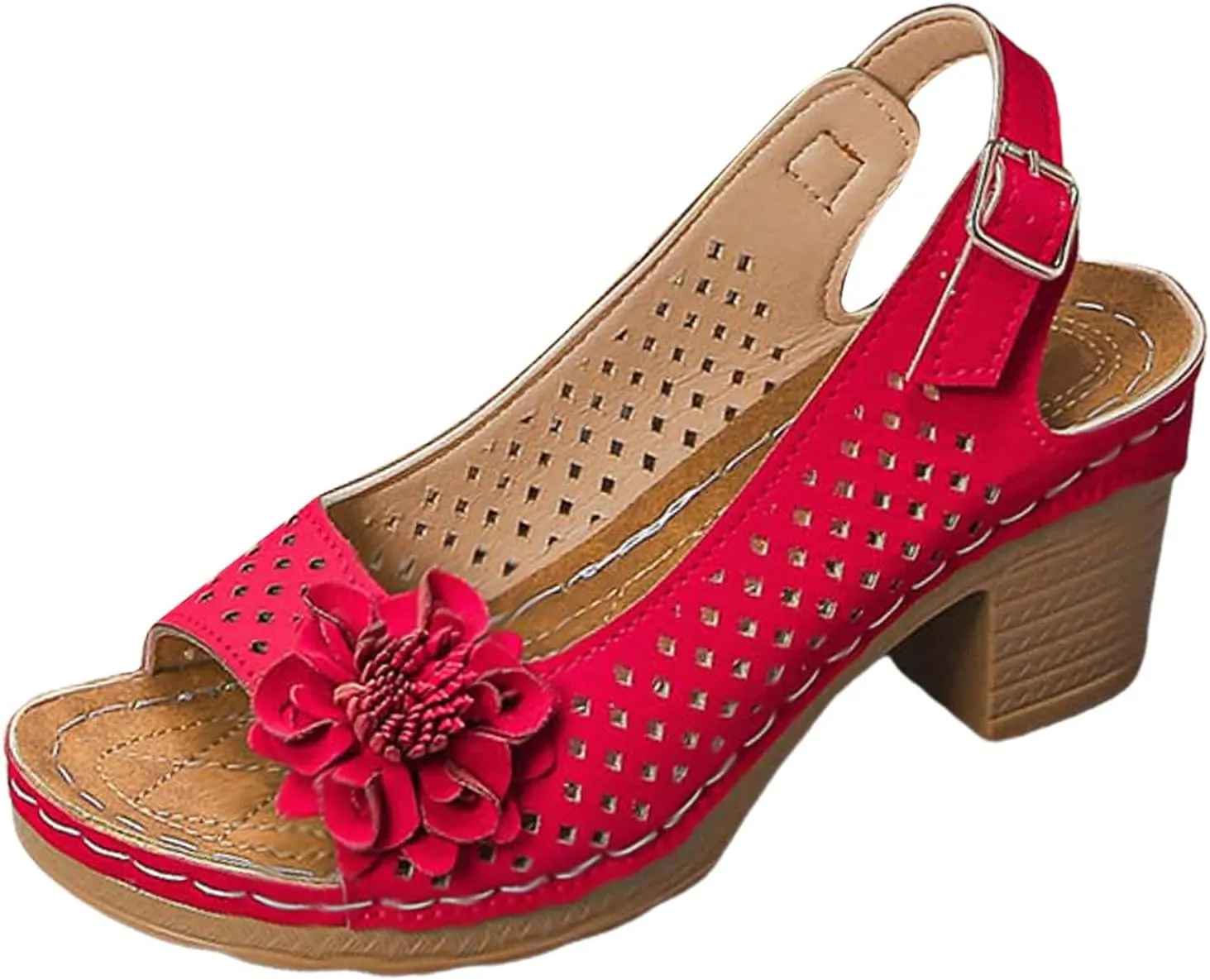 Block Heel Sandals for Women 2025 Comfort Dressy Women's Fish Mouth Flowers Comfortable Hollow Out Slingback Sandals Chunky Block Heel Cut-Out Leather Dress Adjustable Strappy Shoes for Daily Wear