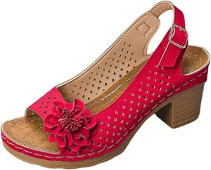 Block Heel Sandals for Women 2025 Comfort Dressy Women's Fish Mouth Flowers Comfortable Hollow Out Slingback Sandals Chunky Block Heel Cut-Out Leather Dress Adjustable Strappy Shoes for Daily Wear