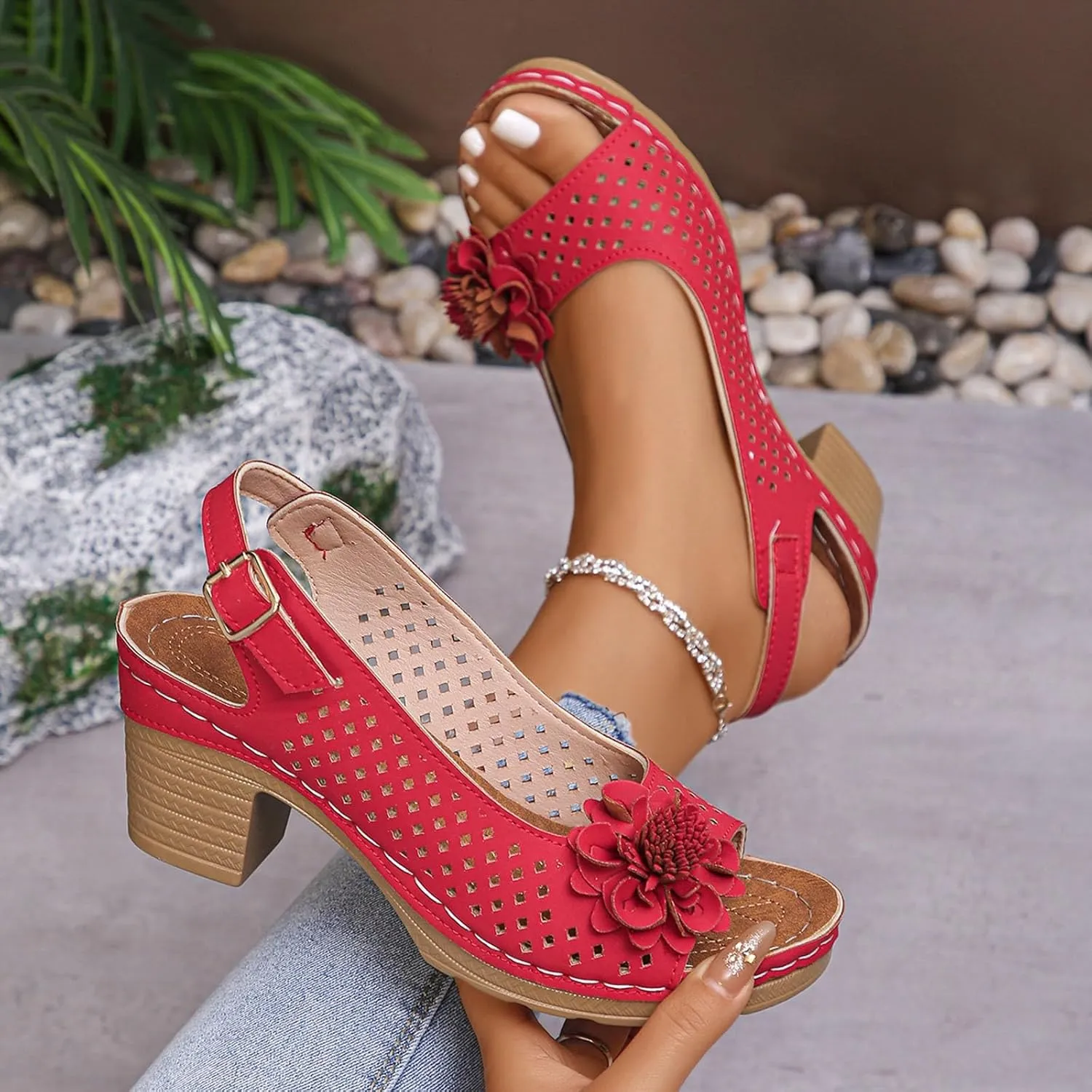 Block Heel Sandals for Women 2025 Comfort Dressy Women's Fish Mouth Flowers Comfortable Hollow Out Slingback Sandals Chunky Block Heel Cut-Out Leather Dress Adjustable Strappy Shoes for Daily Wear