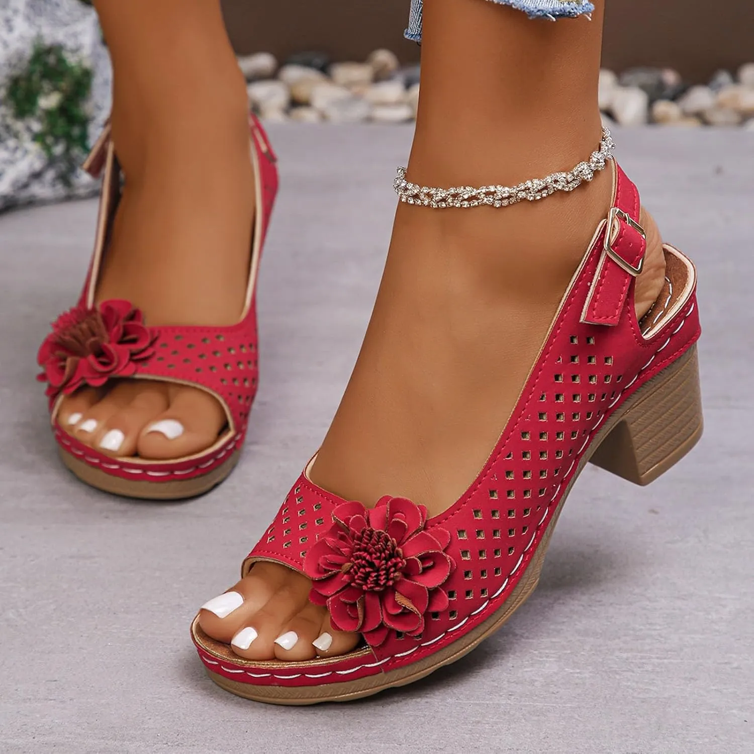 Block Heel Sandals for Women 2025 Comfort Dressy Women's Fish Mouth Flowers Comfortable Hollow Out Slingback Sandals Chunky Block Heel Cut-Out Leather Dress Adjustable Strappy Shoes for Daily Wear