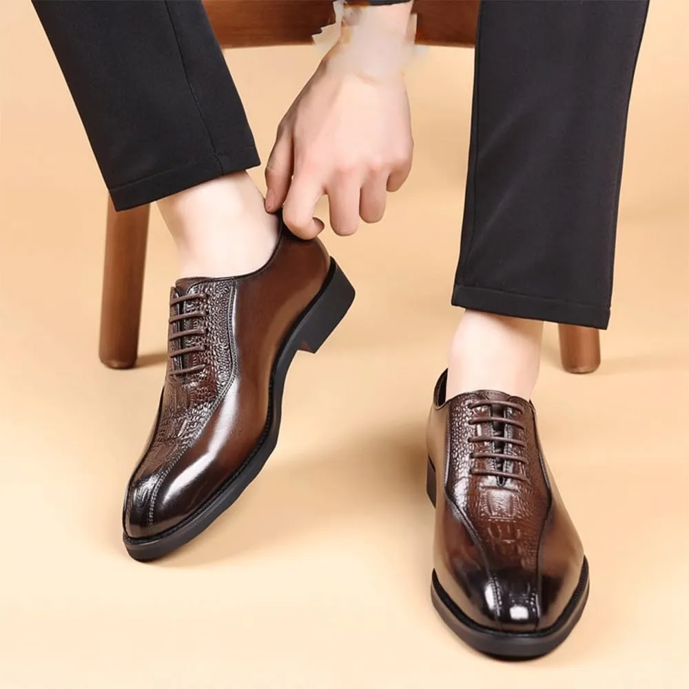 British Style Luxury Crocodile Pattern Leather Shoes Fashionable Vintage Men Height Increase Dress Shoes Formal Business Lace Up Oxfords