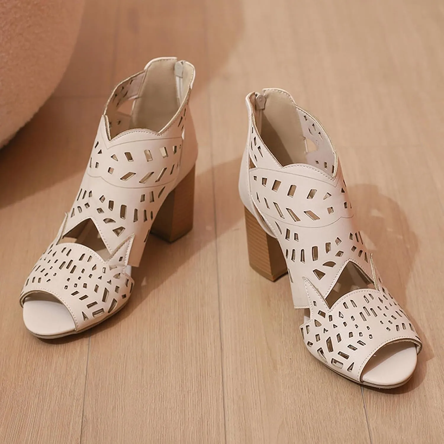 Chunky Platform Heels Block Heeled Sandals High Heeled Hollowed Out Large Size Pointed Head Fish Head Sandals
