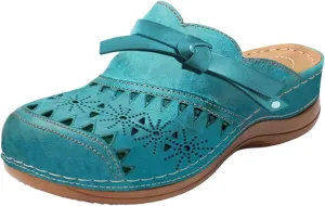 Clogs for Women Wide Width Wedge Sandals Closed Toe Hollow Out Arch Support Summer Outdoor Beach Slippers Slip on Breathable Vintage Leather Soft Sandals