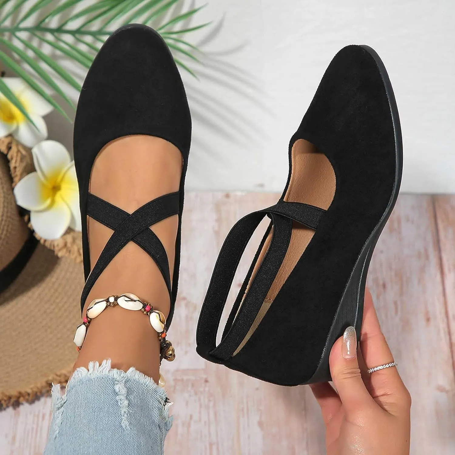 Closed Toe Sandals For Women 2025 Comfortable Dressy Casual Shoes With Elastic Ankle Strap Slip-On Ballet Flats