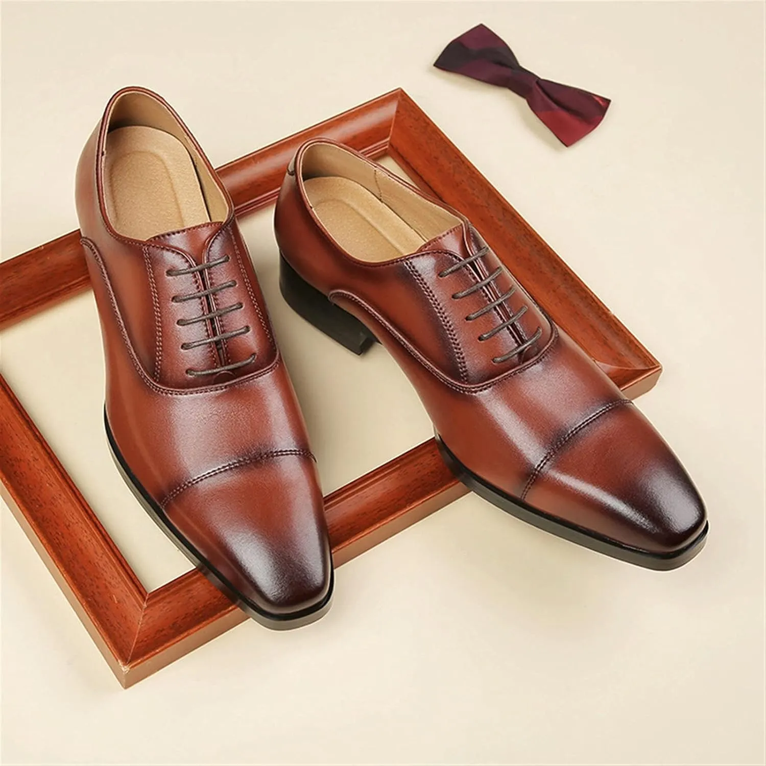 Comodish Dress Oxford Shoes for Men Lace Up Derby Shoes Round Burnished Toe Leather Block Heel Slip Resistant Anti-Slip Non Slip Party Formal Oxford