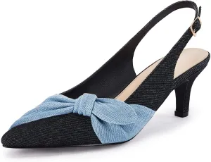 Coutgo Womens Bow Heels Slingback Pumps Low Kitten Heels Closed Pointed Toe Sandals Denim Dress Shoes