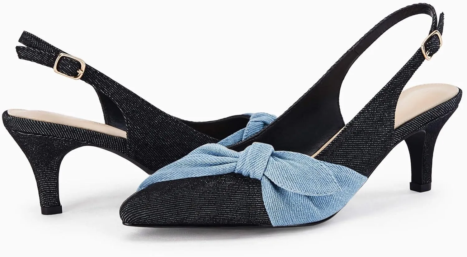 Coutgo Womens Bow Heels Slingback Pumps Low Kitten Heels Closed Pointed Toe Sandals Denim Dress Shoes