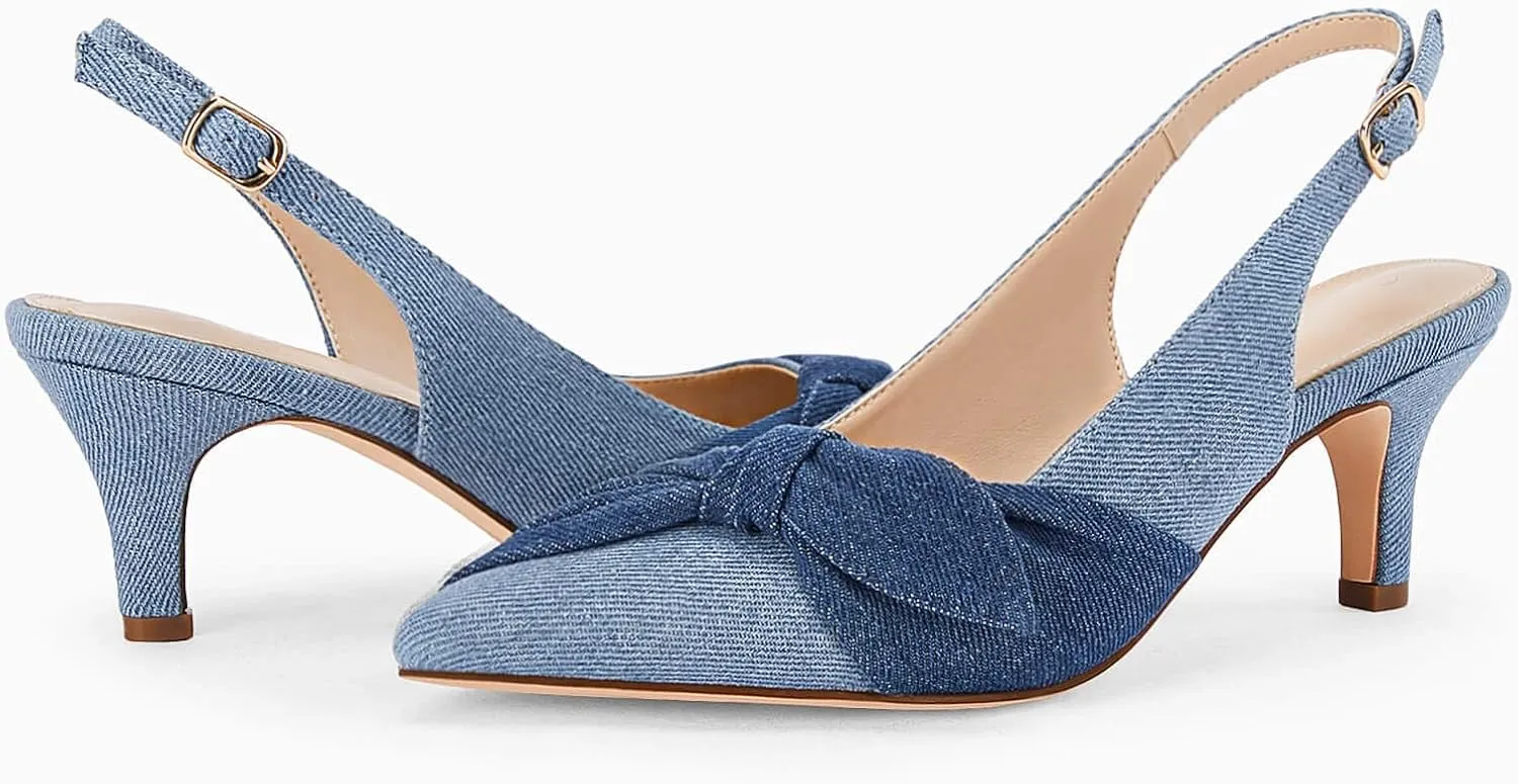Coutgo Womens Bow Heels Slingback Pumps Low Kitten Heels Closed Pointed Toe Sandals Denim Dress Shoes