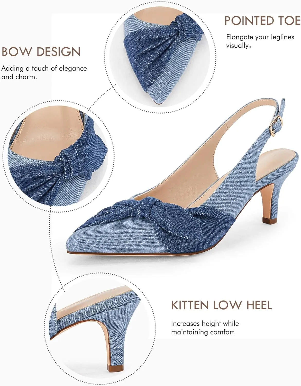Coutgo Womens Bow Heels Slingback Pumps Low Kitten Heels Closed Pointed Toe Sandals Denim Dress Shoes
