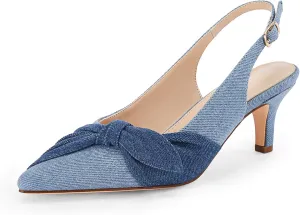 Coutgo Womens Bow Heels Slingback Pumps Low Kitten Heels Closed Pointed Toe Sandals Denim Dress Shoes