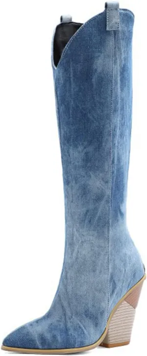 Cowboy Cowgirl Boots for Women Knee High Denim Boots