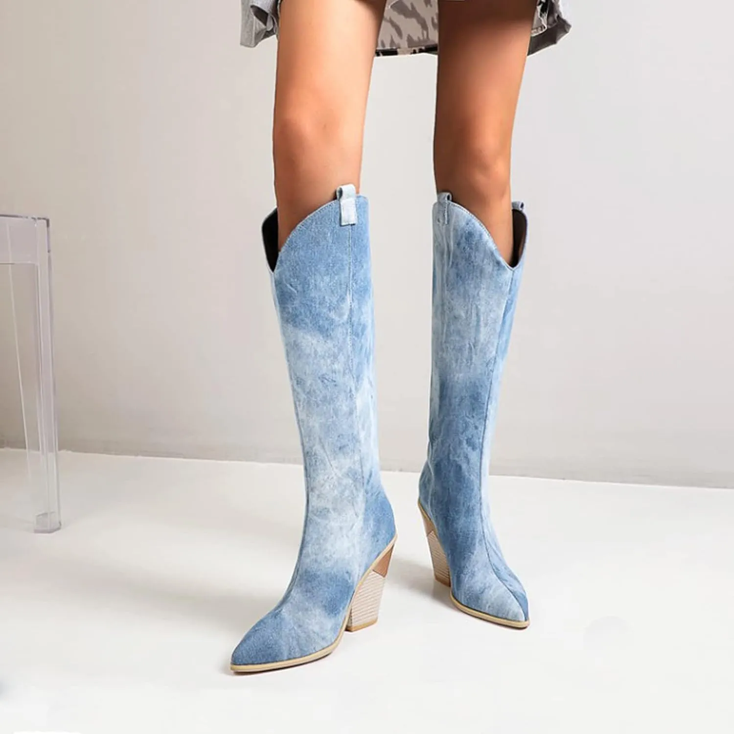 Cowboy Cowgirl Boots for Women Knee High Denim Boots