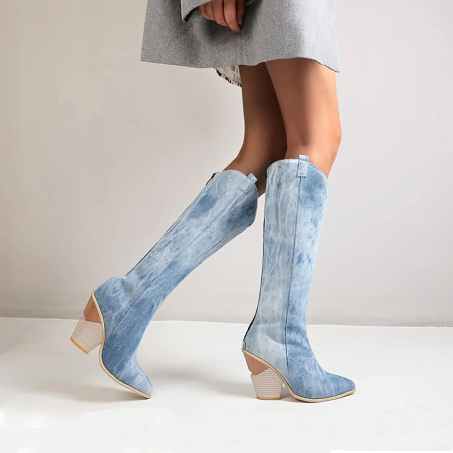Cowboy Cowgirl Boots for Women Knee High Denim Boots