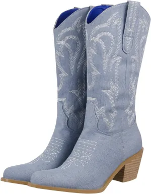 Cowboy Cowgirl Boots for Women Knee High Denim Boots