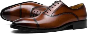 Dress Formal Shoes for Men Lace Up Cap Toe Black Burnished Toe Genuine Leather Block Heel Anti-Slip Non Slip Resistant Rubber Sole Prom (Color : Brown, Size : 7.5)