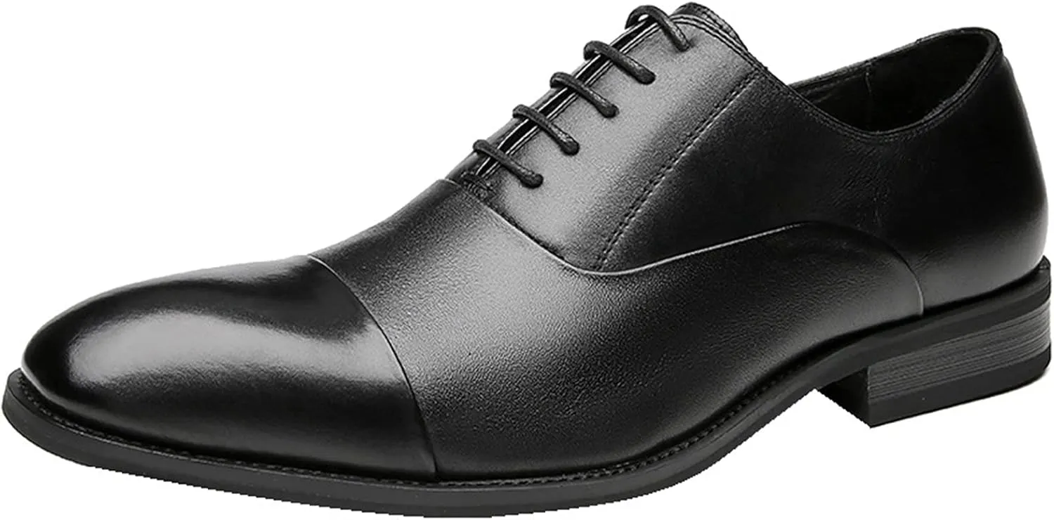 Dress Shoes for Men Lace Up Cap Toe Breathable Round Toe Genuine Leather Rubber Sole Anti-Slip Non Slip Block Heel Party (Color : Black, Size : 7)