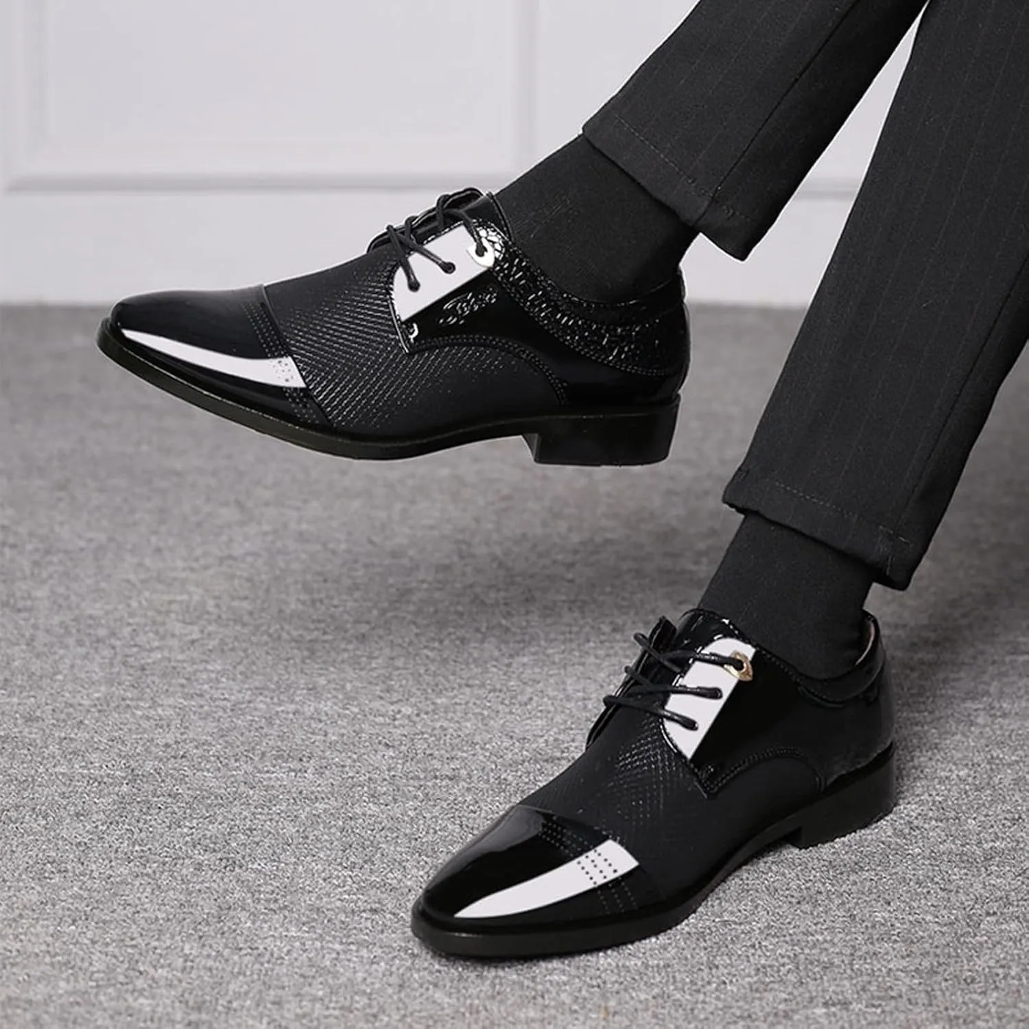 Dress Shoes Slip Ons for Men Men Breathable Business Formal Casual Pointed Toe Shiny Lace Up Patchwork Leather Shoes Business Casual Shoes Men Wide Toe Box