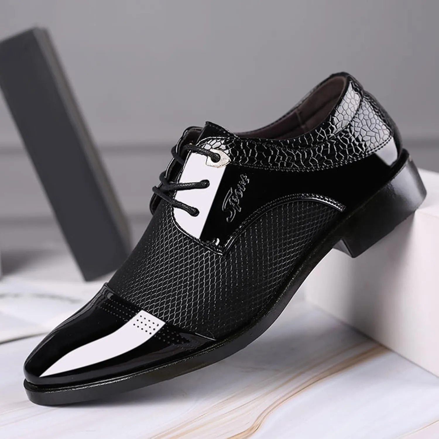 Dress Shoes Slip Ons for Men Men Breathable Business Formal Casual Pointed Toe Shiny Lace Up Patchwork Leather Shoes Business Casual Shoes Men Wide Toe Box