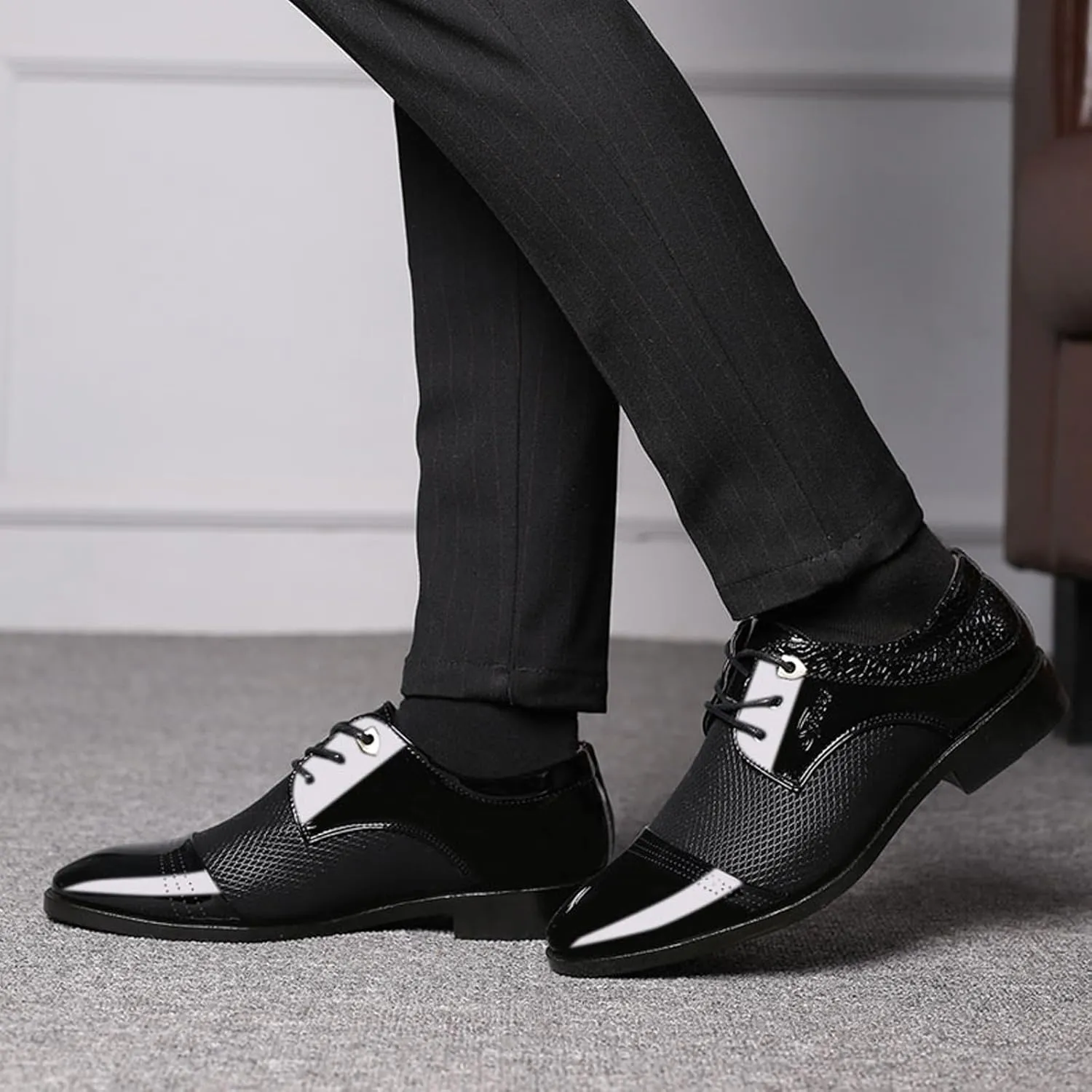 Dress Shoes Slip Ons for Men Men Breathable Business Formal Casual Pointed Toe Shiny Lace Up Patchwork Leather Shoes Business Casual Shoes Men Wide Toe Box