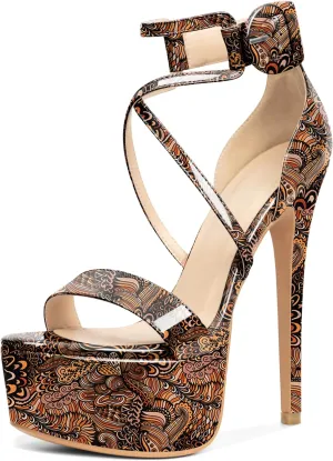 Eldof Women's Platform Sandals Ankle Strap 5.9" High Heels Cross Strap Stilettos Open Toe Ankle Strap Crisscross Sandals