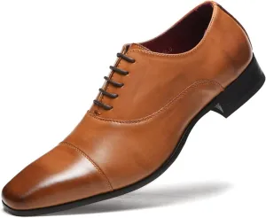 Formal Shoes for Men Lace Up Cap Toe Burnished Toe PU Leather Block Heel Anti-Slip Non Slip Low Top Classic (Color : Brown, Size : 11)
