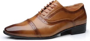 Formal Shoes for Men Lace Up Cap Toe Burnished Toe PU Leather Low Top Block Heel Anti-Slip Rubber Sole Prom