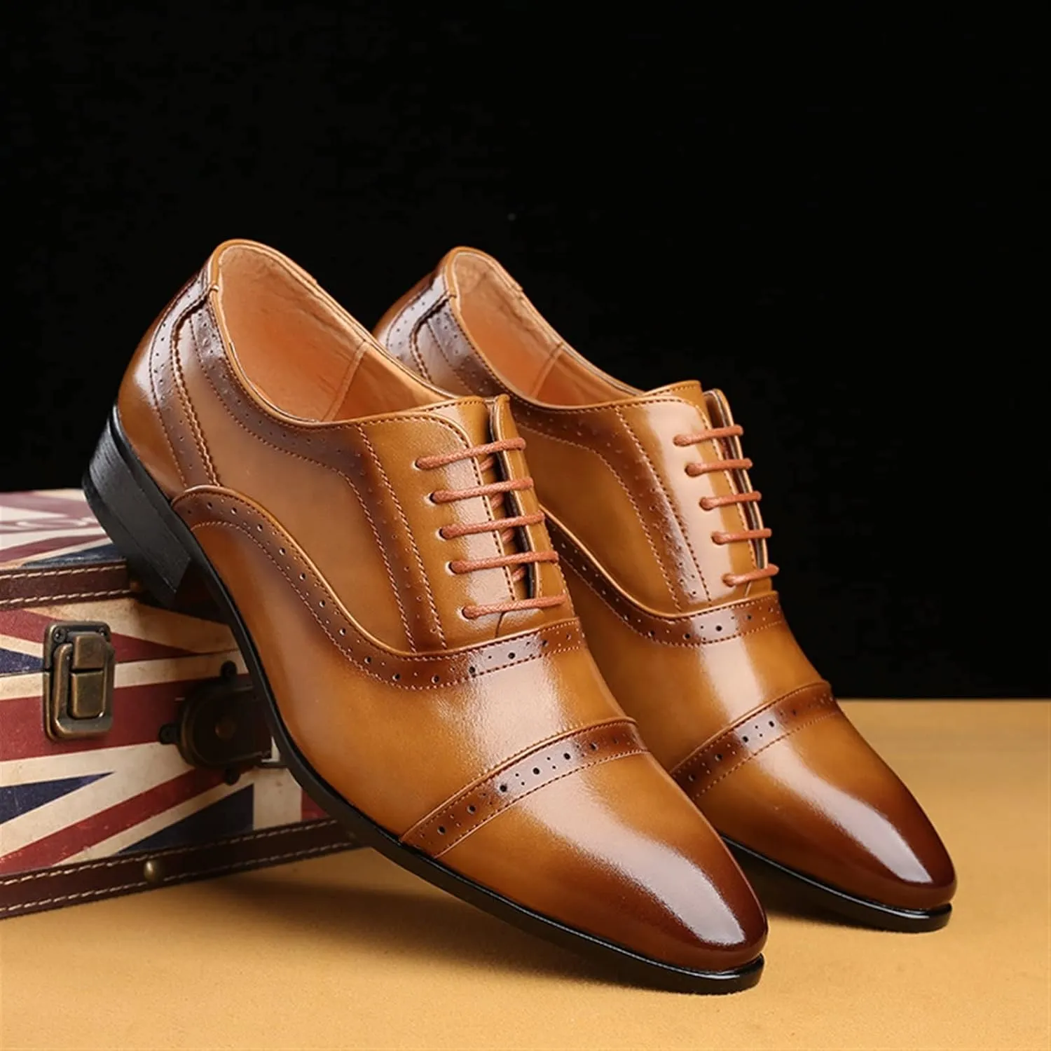 Formal Shoes for Men Lace Up Cap Toe Burnished Toe PU Leather Low Top Block Heel Anti-Slip Rubber Sole Prom