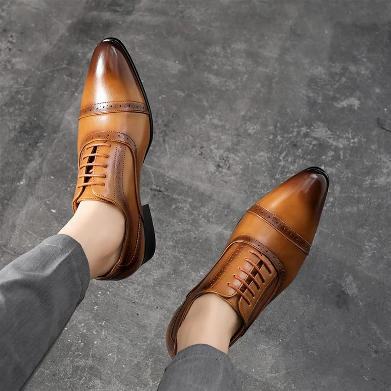 Formal Shoes for Men Lace Up Cap Toe Burnished Toe PU Leather Low Top Block Heel Anti-Slip Rubber Sole Prom