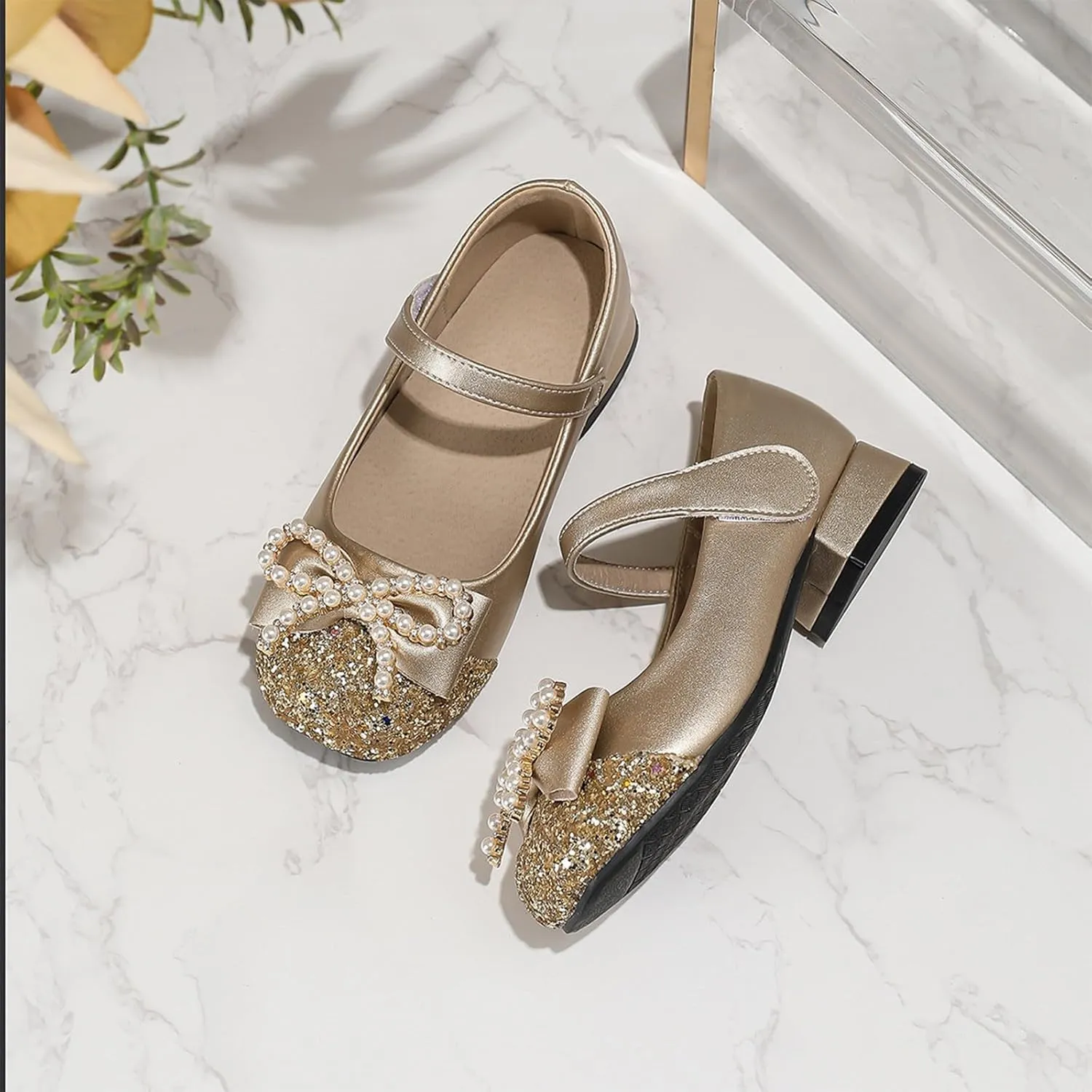 Girls' Chunky High Heels Shoes Bowknot Mary Jane Performance Shallow Mouth Children's Leather Shoes Girl Sandals Size 3