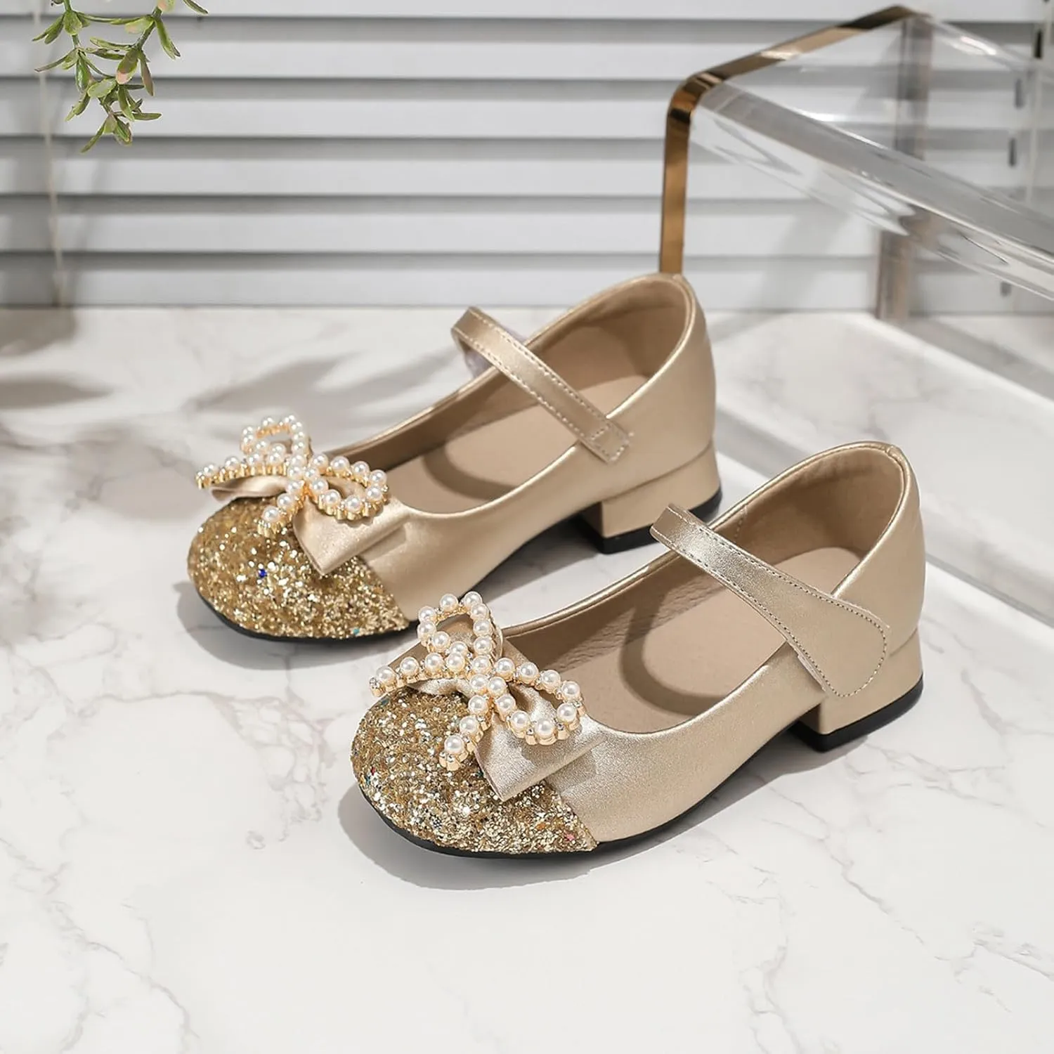 Girls' Chunky High Heels Shoes Bowknot Mary Jane Performance Shallow Mouth Children's Leather Shoes Girl Sandals Size 3
