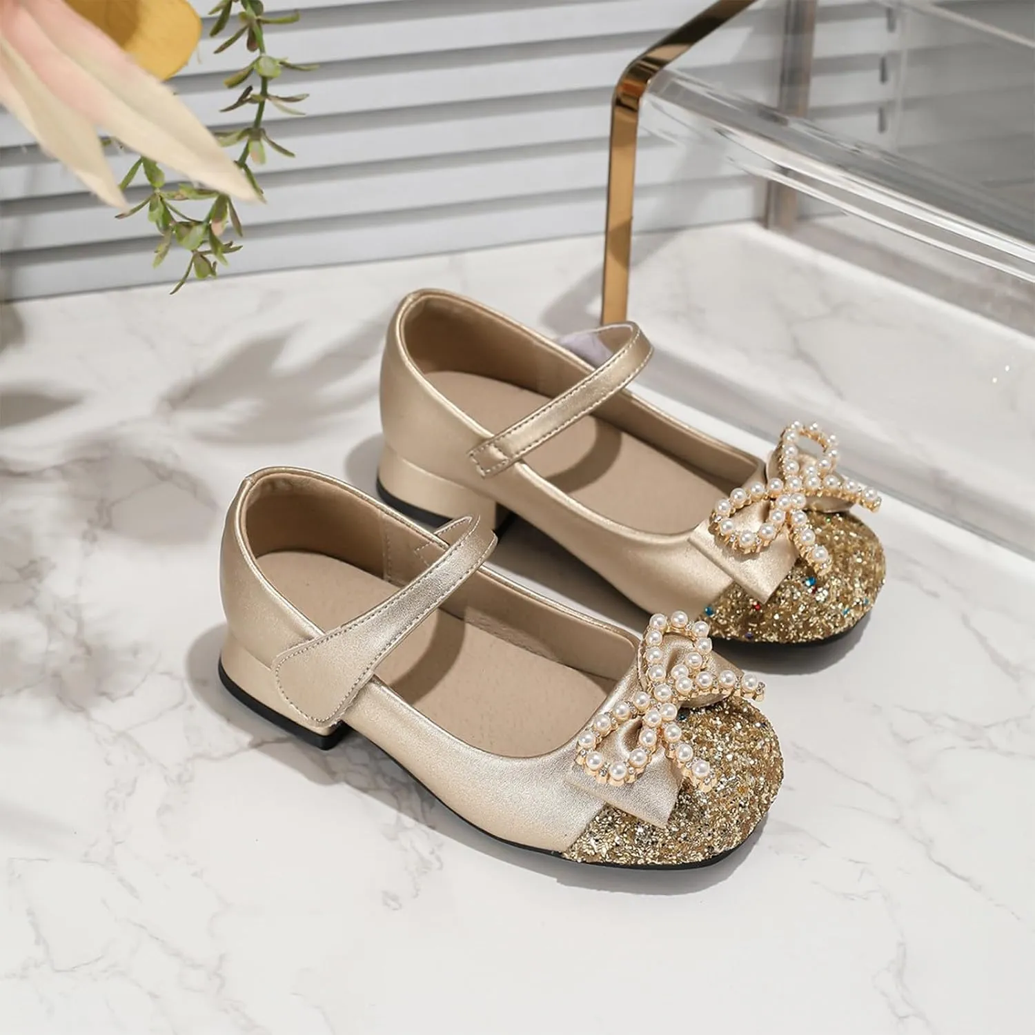 Girls' Chunky High Heels Shoes Bowknot Mary Jane Performance Shallow Mouth Children's Leather Shoes Girl Sandals Size 3