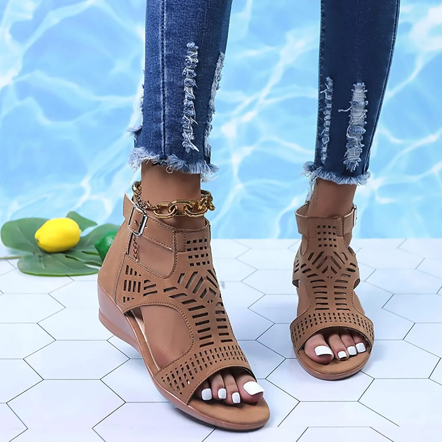 Gladiator Sandals for Women Cut Out Chunky Hight Heels Dressy Open Toe Wedges Shoes Zipper Beach Outdoor Dress Shoes
