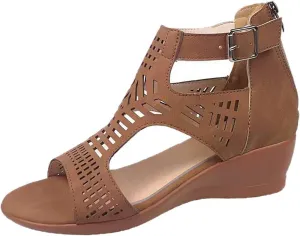 Gladiator Sandals for Women Cut Out Chunky Hight Heels Dressy Open Toe Wedges Shoes Zipper Beach Outdoor Dress Shoes