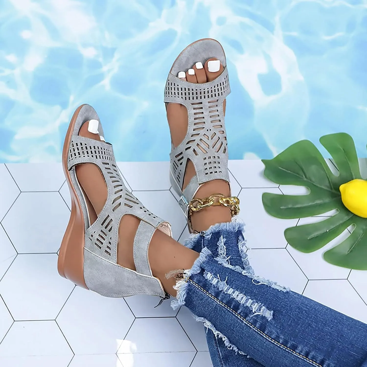 Gladiator Sandals for Women Cut Out Chunky Hight Heels Dressy Open Toe Wedges Shoes Zipper Beach Outdoor Dress Shoes