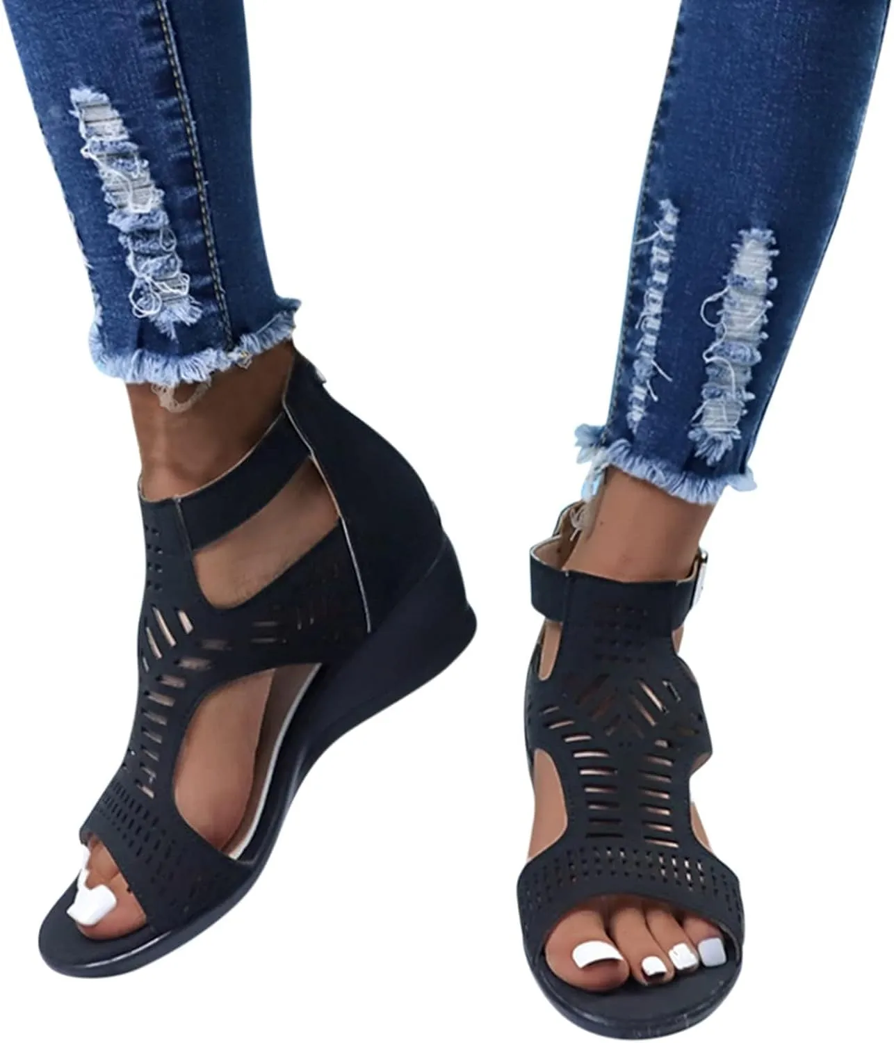 Gladiator Sandals for Women Cut Out Chunky Hight Heels Dressy Open Toe Wedges Shoes Zipper Beach Outdoor Dress Shoes