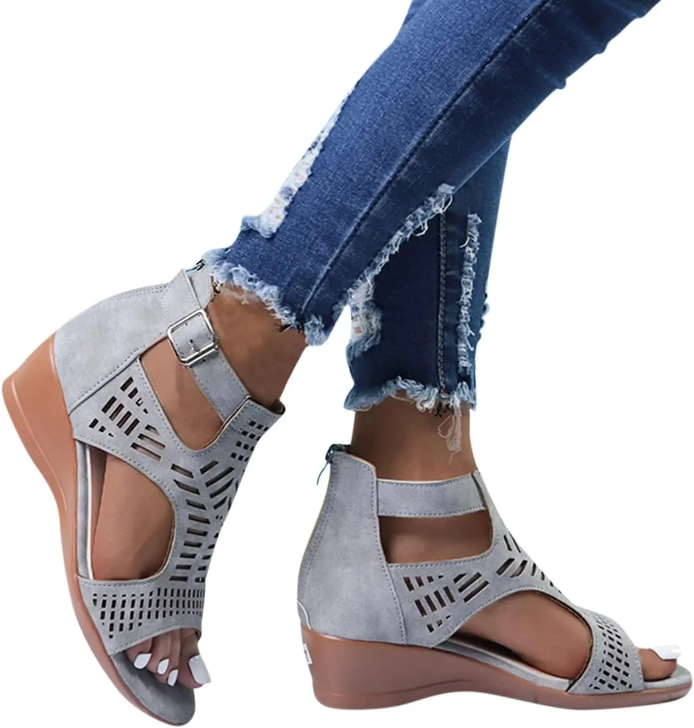 Gladiator Sandals for Women Cut Out Chunky Hight Heels Dressy Open Toe Wedges Shoes Zipper Beach Outdoor Dress Shoes