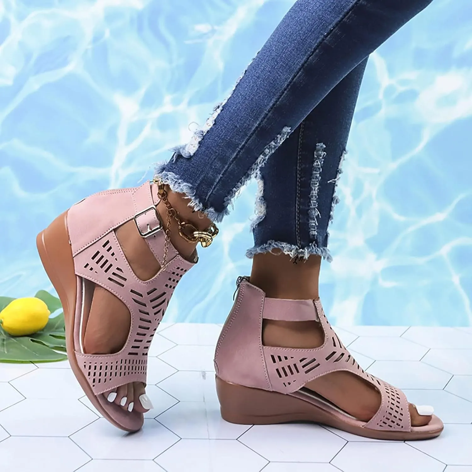 Gladiator Sandals for Women Cut Out Chunky Hight Heels Dressy Open Toe Wedges Shoes Zipper Beach Outdoor Dress Shoes