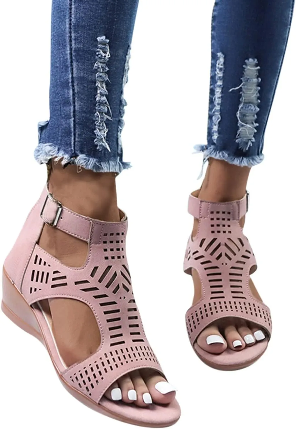 Gladiator Sandals for Women Cut Out Chunky Hight Heels Dressy Open Toe Wedges Shoes Zipper Beach Outdoor Dress Shoes
