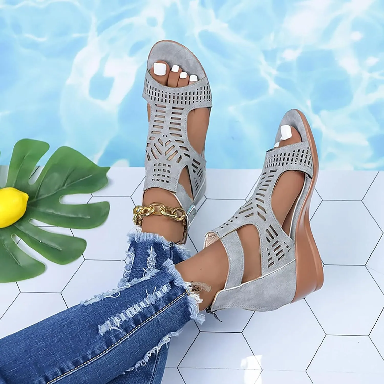 Gladiator Sandals for Women Cut Out Chunky Hight Heels Dressy Open Toe Wedges Shoes Zipper Beach Outdoor Dress Shoes