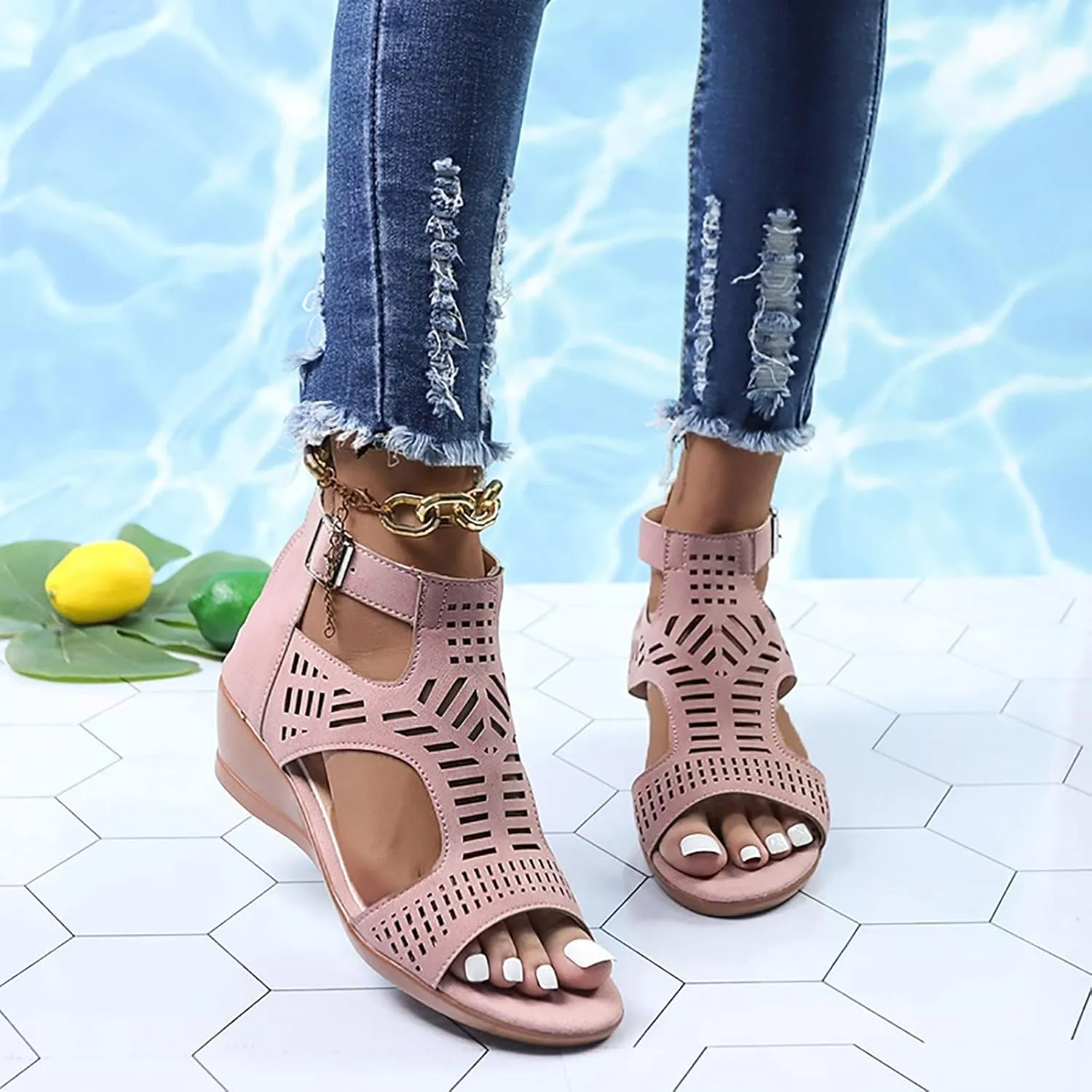 Gladiator Sandals for Women Cut Out Chunky Hight Heels Dressy Open Toe Wedges Shoes Zipper Beach Outdoor Dress Shoes