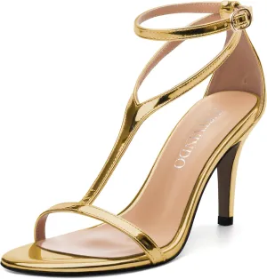 Gold Stiletto Slim High Heels For Women Slingback Strappy Buckle Patent Open Peep Toe Heeled Sandals for Women Sexy Evening Fashion Dress Shoes