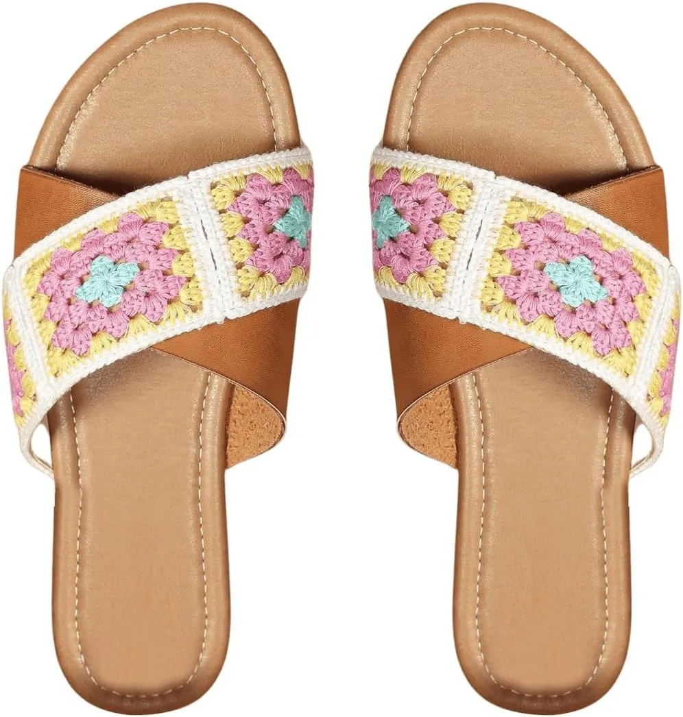 GORGLITTER Women's Crochet Braided Flat Sandals Criss Cross Strap Slide Sandals Boho Beach Summer Sandals