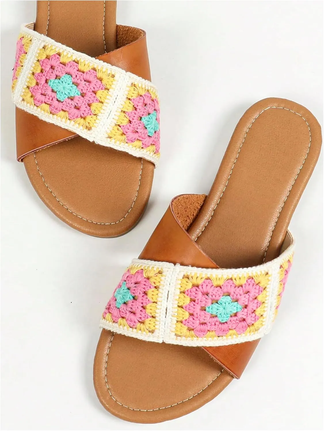 GORGLITTER Women's Crochet Braided Flat Sandals Criss Cross Strap Slide Sandals Boho Beach Summer Sandals