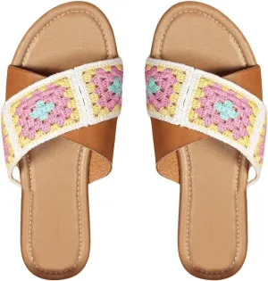 GORGLITTER Women's Crochet Braided Flat Sandals Criss Cross Strap Slide Sandals Boho Beach Summer Sandals