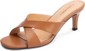 Greatonu Women's Square Toe Summer Heels Mules Cross Strap Slip on 2.5 Inch kitten Heeled Sandals