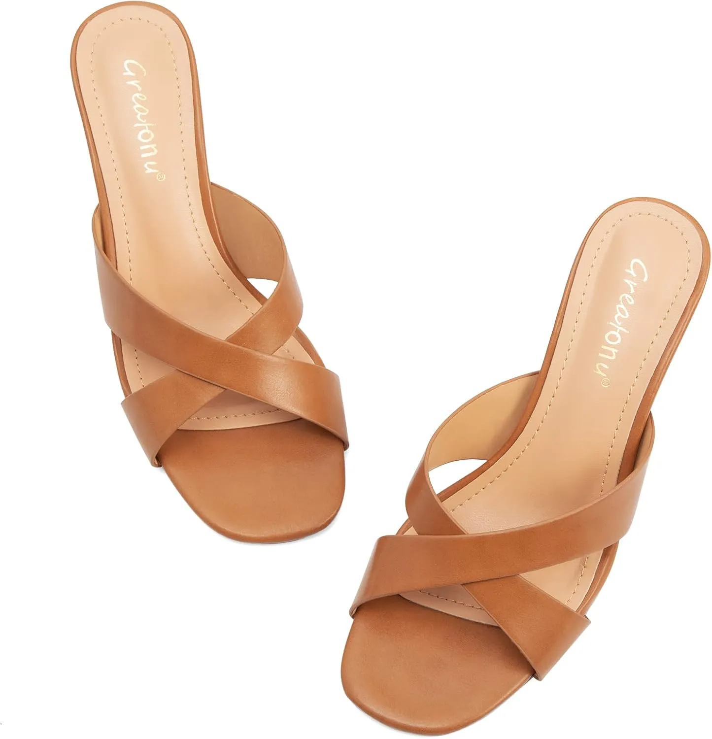 Greatonu Women's Square Toe Summer Heels Mules Cross Strap Slip on 2.5 Inch kitten Heeled Sandals