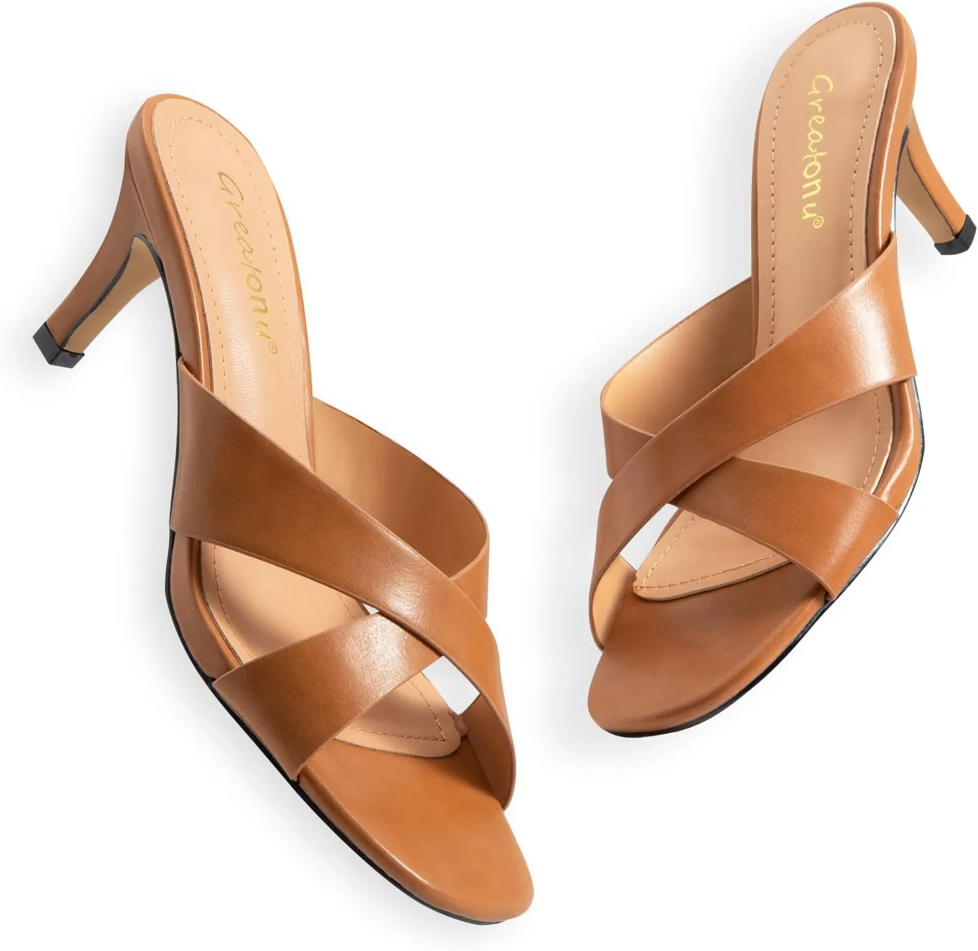 Greatonu Women's Square Toe Summer Heels Mules Cross Strap Slip on 2.5 Inch kitten Heeled Sandals